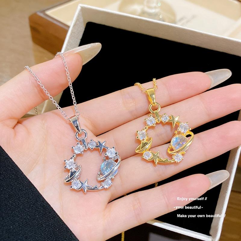 Fashion Women Inlaid Rhinestone Star Planet Titanium Steel Clavicle Necklace