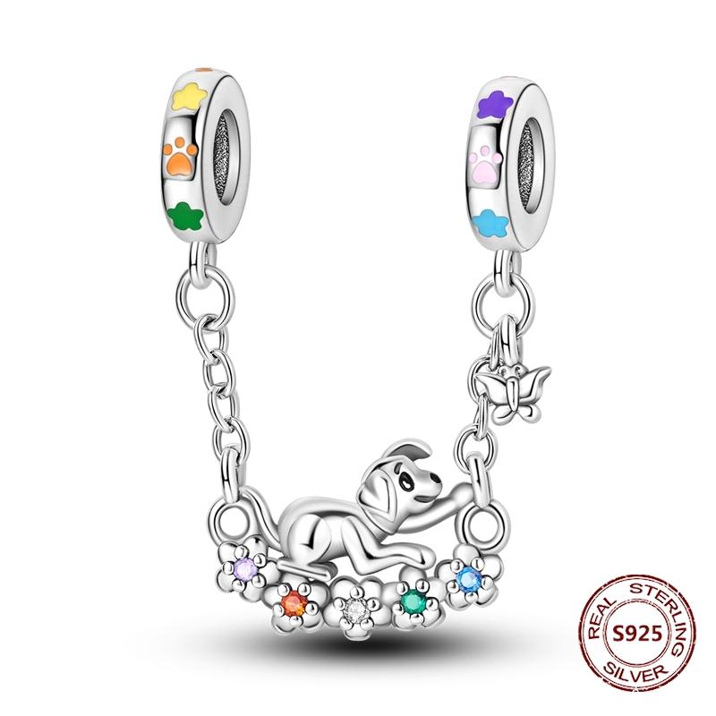 Copper Original Dog Cat Safety Chain Lazy Cat Pink Zircon Pet Paw Print Footprint Charms Fit Bracelet For Women Diy Jewelry