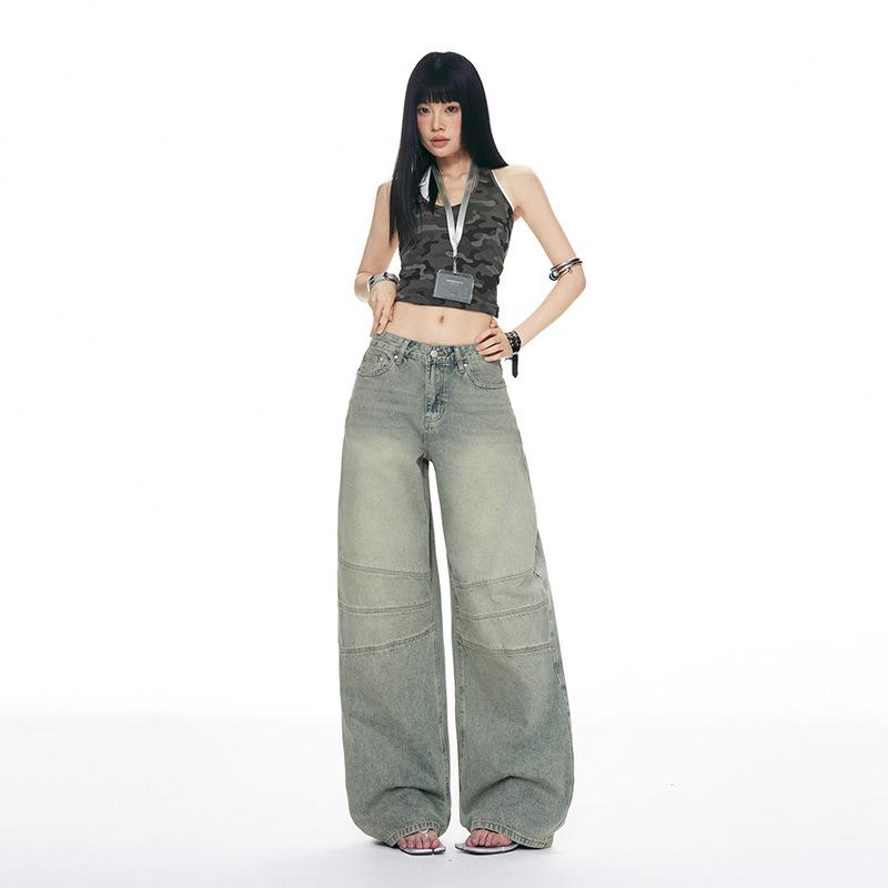 American retro wide-leg jeans women's autumn new splicing design sense niche American straight mopping pants