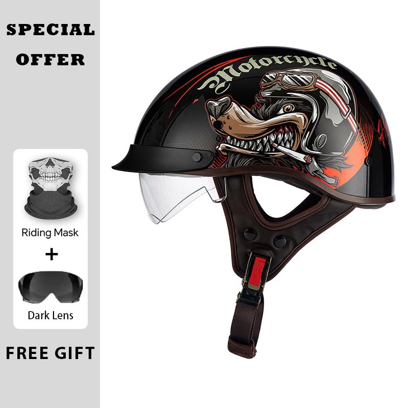 Men Women Universal Motorcycle Helmets with Lens Retro Half Face Helmet ABS Shell Capacete De Moto DOT Approved Moto Equipment