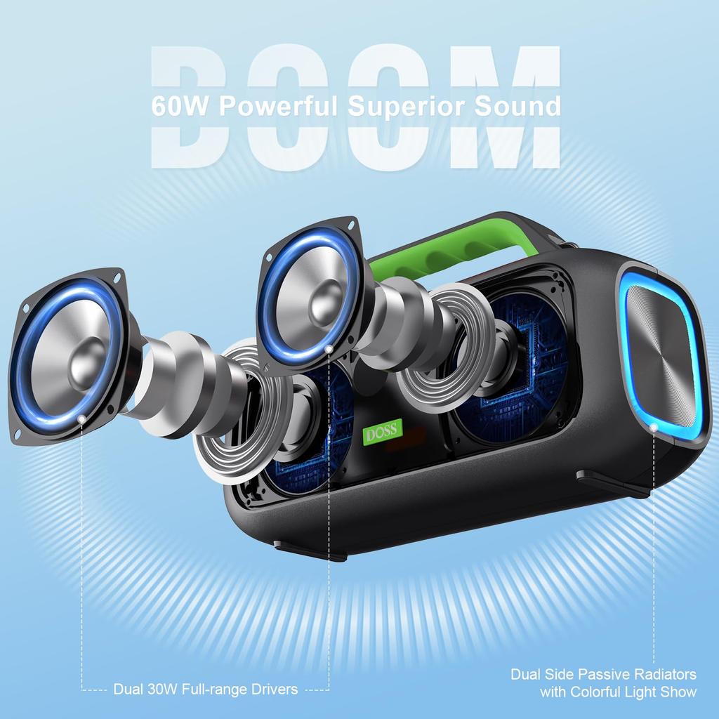 DOSS Extreme Boom S Bluetooth 60W Loud IPX6 25 Hours of Enhanced Shoulder Strap for and Stores Speaker, Portable, Wireless, Illuminated, Volume,