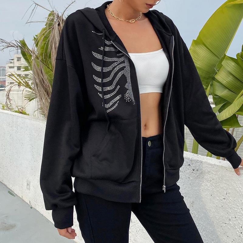 Y2K Rhinestone Skeleton Hoodies Women Gothic Black Red Zip-up Sweatshirts Female Retro Harajuku Hooded Coats Streetwear
