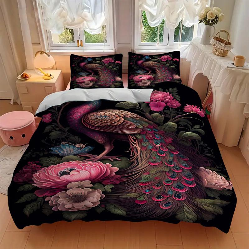 3PCs Peacock Floral Pattern Design Cover Set, Breathable Fabric(1 Duvet Cover + 2 Pillowcases) (Without Quilt) yy250911191