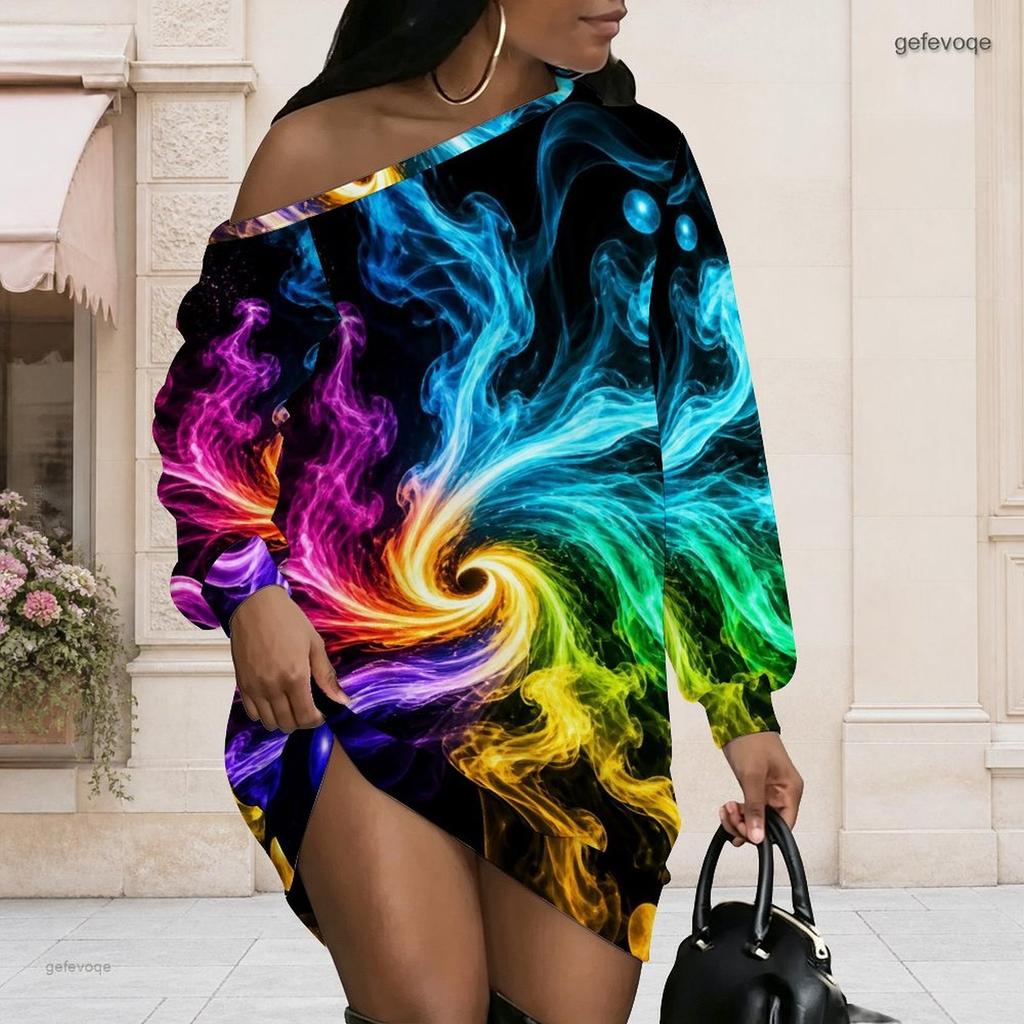 Women Plus Size One Shoulder Long Sleeve Galaxy Print Loose Tunic Dress