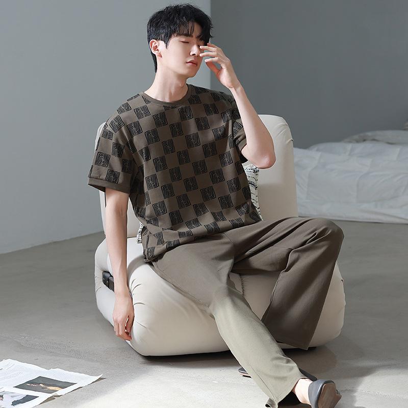Blue Color Men's Cotton Pajamas Set for Summer Short Sleeves Sleeping Top Long Pant Nightwear Young Boy Home Clothes