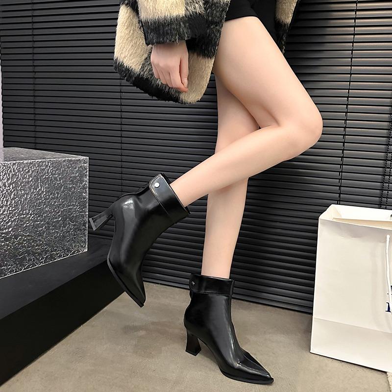 NEW Autumn Women Boots Sheep Suede Leather Shoes for Women Pointed Toe Chunky Heel Shoes Zip Turn-up Boots Black Modern Boots