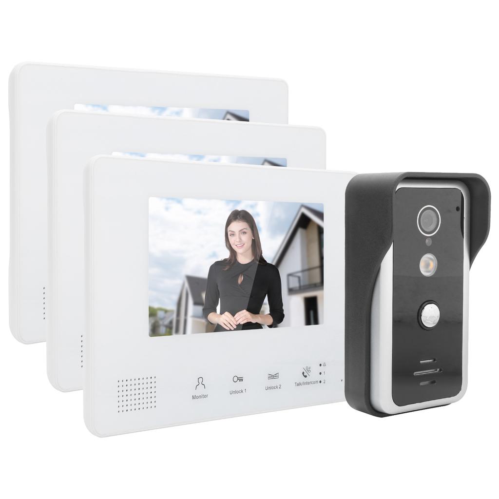 2?Wire System Video Doorbell Kit 7in TFT LCD 3 Monitors Clear Night Vision Home Intercom 100?240V