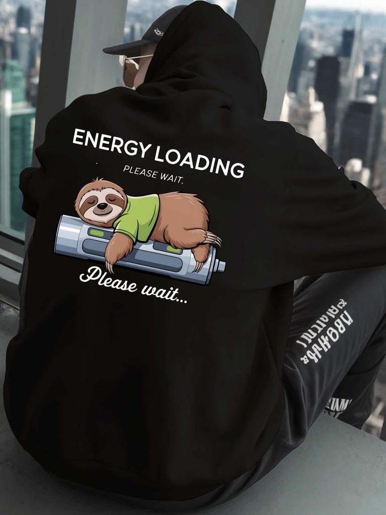 Men's Sloth Gaming Hoodie - ENERGY LOADING PLEASE WAIT & Sloth Loading Bar Print, Soft Plush Overs
