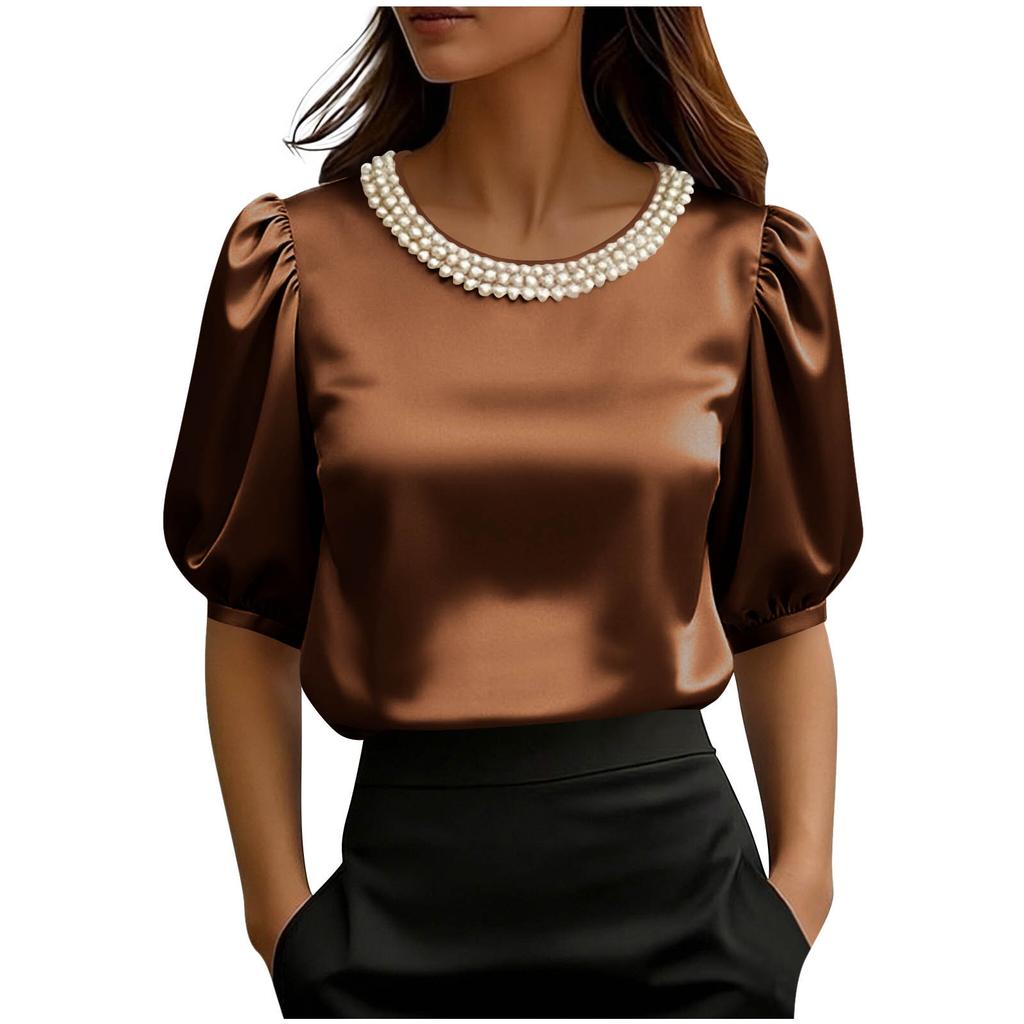 Women's Fashion Loose Fit Satin Pearl Collar Short Sleeve Blouse Top Casual Elegant Office Wear