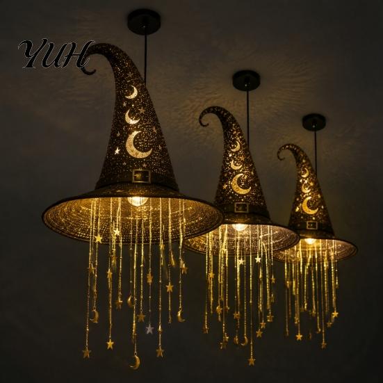 Glowing Star String Lights Light Up Witch Hat Hanging Lamp, Halloween Ornament with Twinkling Seasonal Home Party Supplies Stars Moon, Indoor Outdoor