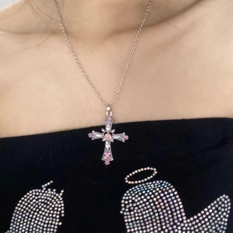 Gothic Y2K Crystal Zircon Cross Pendant Necklace for Women European and American Fashion Neck Chain Party Jewelry Birthday Gift