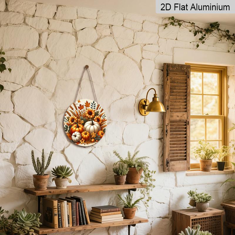 2D Flat, 1pc Round Aluminum Hanging Sign, Rustic Farmhouse Metal Wall Decor - Autumn Harvest Pumpkin & Fall Signs, Seasonal Plaque Suitable for Home