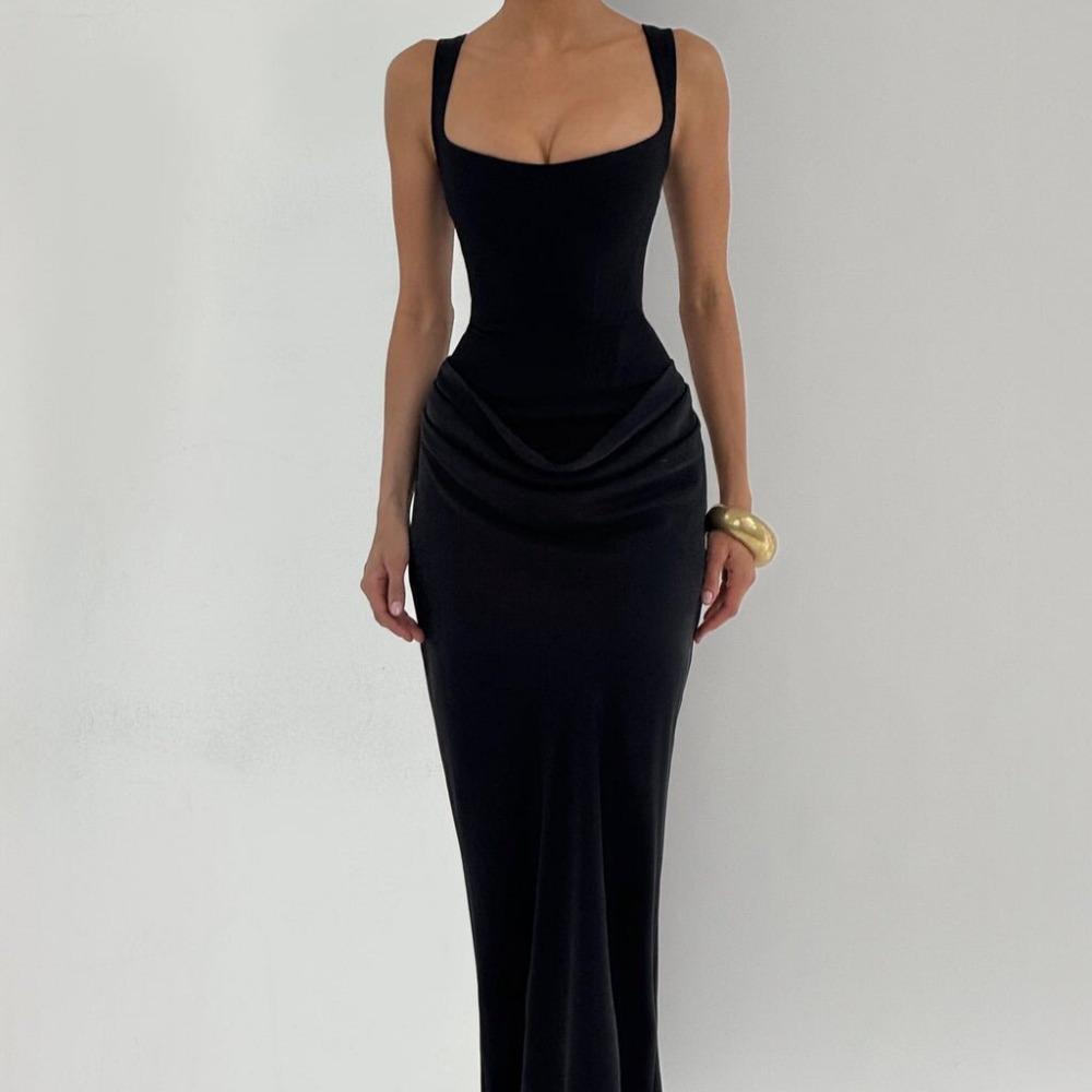 Women's Square Neck Sleeveless Solid Color Maxi Dress Mid Waist Bodycon Party Dress