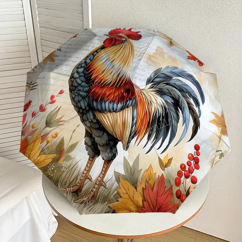 1pc Autumnal Rooster with Berries and Leaves Umbrella with Plastic Handle,Suitable for All Seasons Home Travel Outdoor UmbrellaDD1519