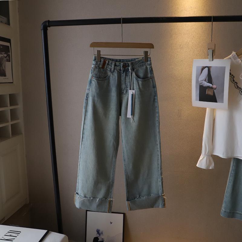 

[Bi Zheng] 2025 Ранняя весна Джинсы женские с высокой посадкой, зауженные, светло-голубые, свободные, прямого кроя 3393 Extra Large светло-синий