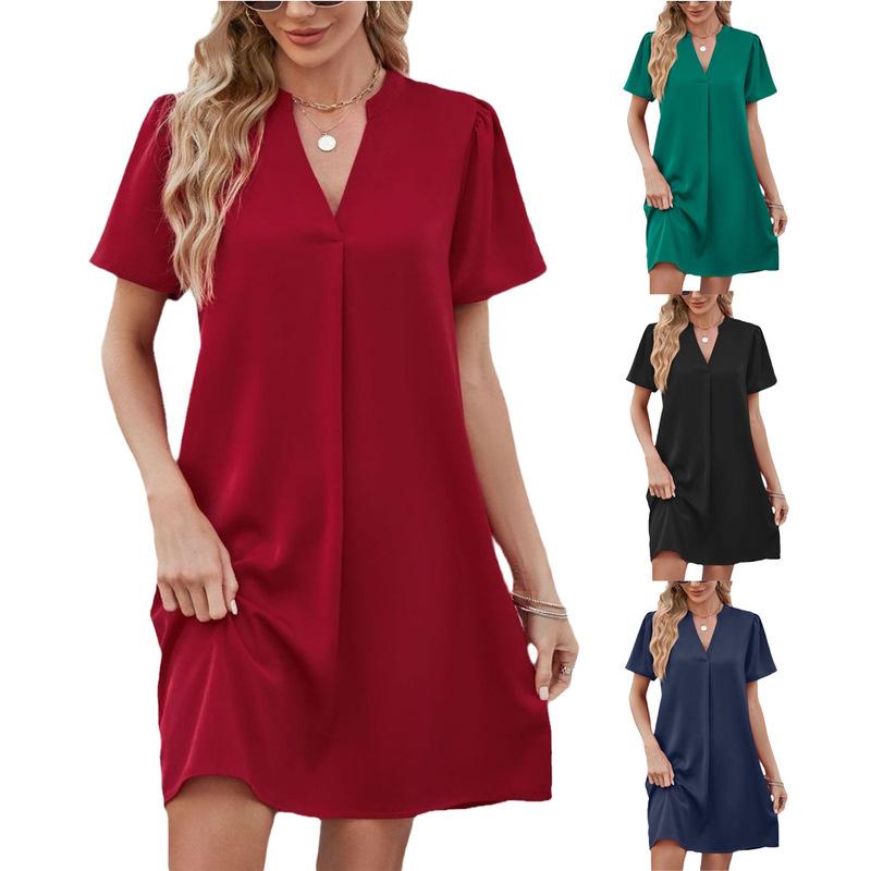 

Літня жіноча сукня 2024 року, атласна офісна повсякденна вільна сексуальна сукня з V-подібним вирізом, жіноча однотонна літня сукня, офісний одяг для жінок L зелений