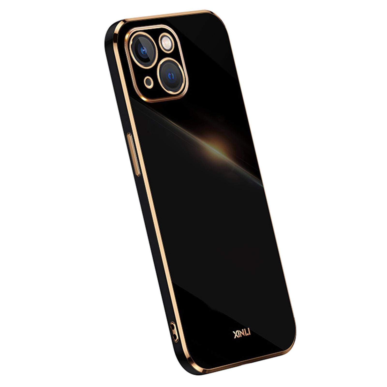 

XINLI For iPhone 14 Plus Electroplating Golden Edge Phone Cover Flexible TPU Anti-scratch Case Black