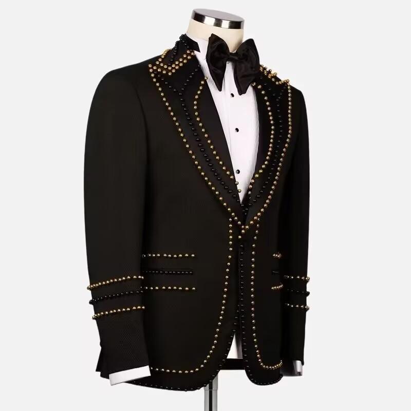 2 Piece Single Breasted Customized Wedding ropa hombre Pears Crystals Men Suits Slim Fit Groom Blazers Jacquard Party Tuxedo