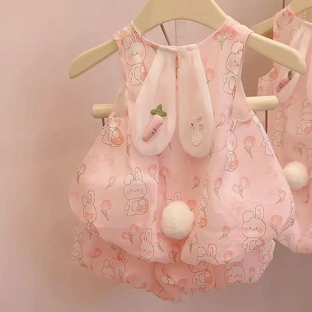 Trendy Cartoon Style Baby Girls Sleeveless Yellow Bunny Outfit Summer Set