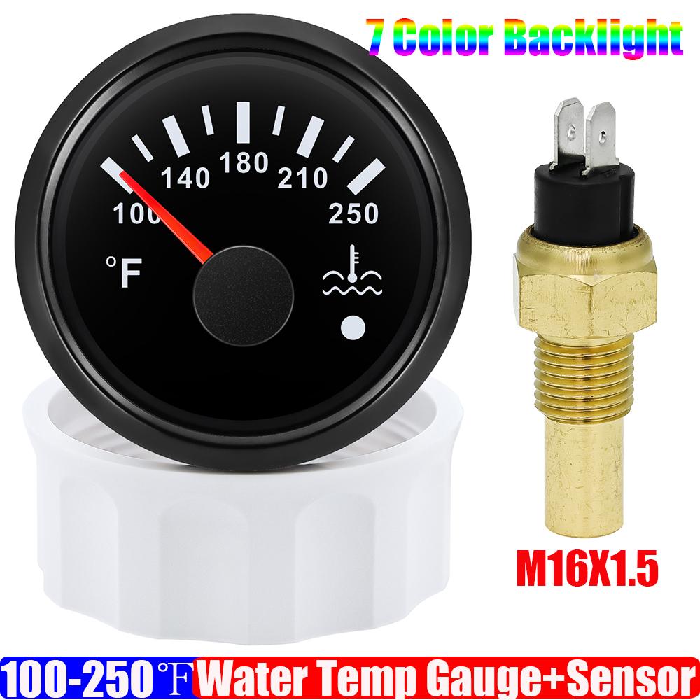 100~250℉ Vattentemperaturmätare Indikator Blinkande Larm 7 Färg LED 2" 52mm Vattentemperaturmätare med Sensor för Bil Båt