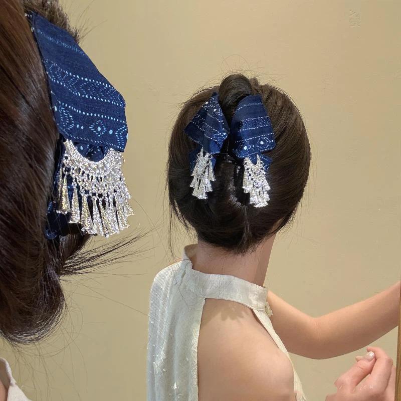 1Pcs Navy Blue Soft Fabric Ethnic Hair Claw Clip Silver Tassel Secure Grip For Daily Wear Ethnic Outfit Matching