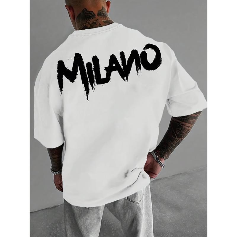 Europeiska storlekar Herr MILANO Bokstavsmönster Tryck Rundhalsad T-shirt, Kortärmad för Sommar Utomhussporter
