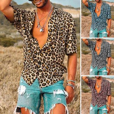 Männer Sommer Revers Kurzarm Shirt Top Leopard Print Einreiher Dünne Hawaiian Strand Casual Hemd Streetwear