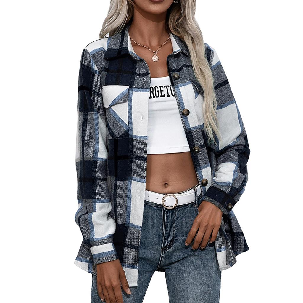 Women's Winter Casual Loose Grinding Wool Plaid Shirt Plush Plaid Shirt Jacket