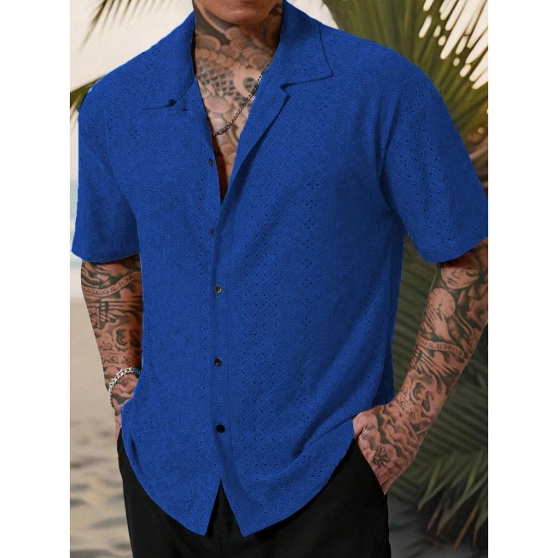 Spring Popular Men's Hollow Jacquard Short Sleeve Shirt Versatile Casual Breathable Comfortable Top