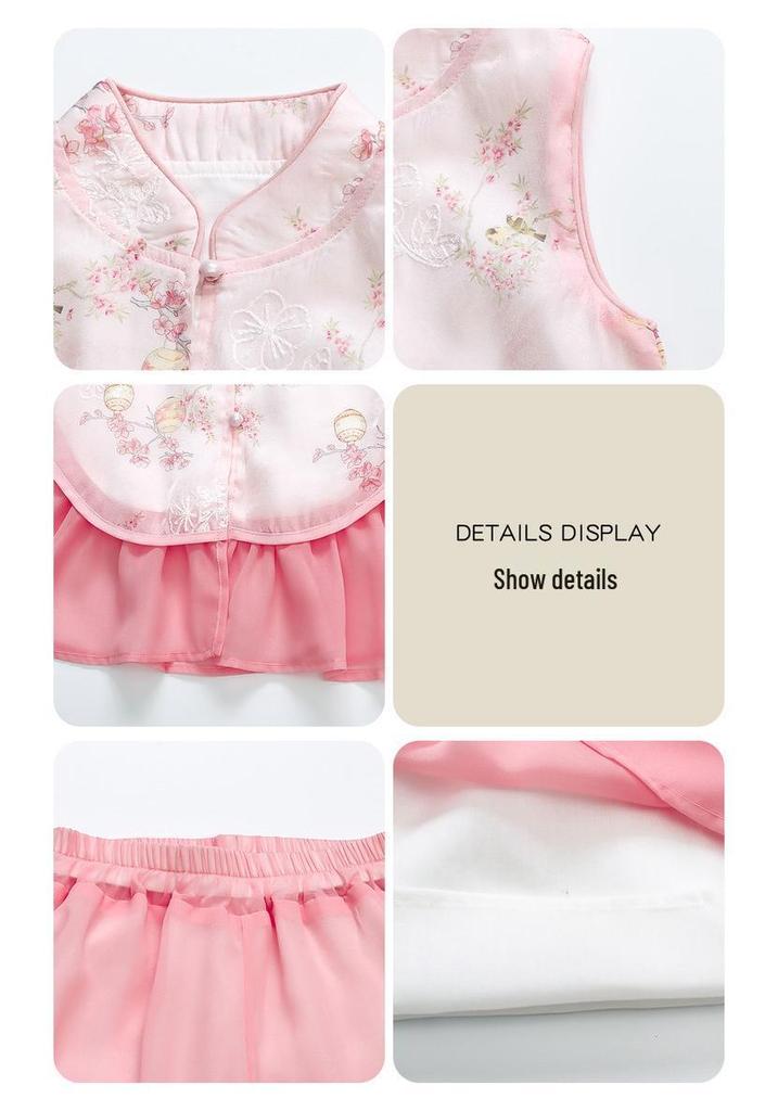 2026 Girls' Chinese Style Fairy Summer Two-Piece Set with Frog Button