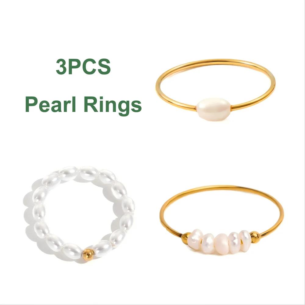 Mariasz Minimalist Dainty Five Simulated Pearls Stainless Steel Rings for Women Stackable Gold Knuckle Jewelry Waterproof