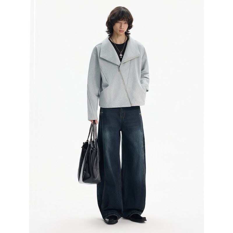 Blaexit Bias-Cut Zipper Cardigan Gray Sweatshirt Men's Hoodless Stand Collar Slim Fit Elegant Old Money Jacket Coat