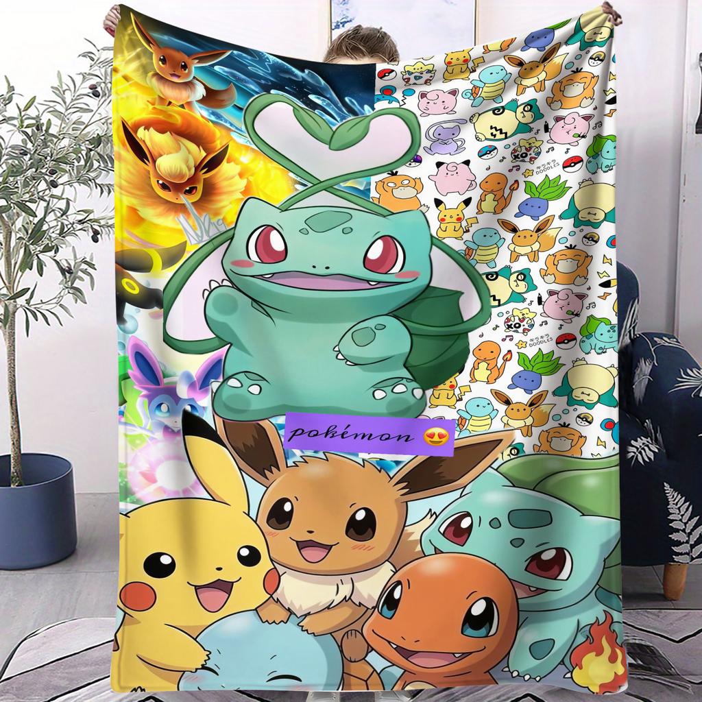Pokémon Anime Flannel Blanket Vibrant Pikachu Ash Print Soft Warm Throw Sofa Bed Cover Camping Nap Cape Kids Adults Fans Gift