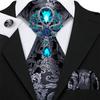 Mens Fashion Black Tie with Brooch Formal Silk Necktie Hanky Cufflink Set