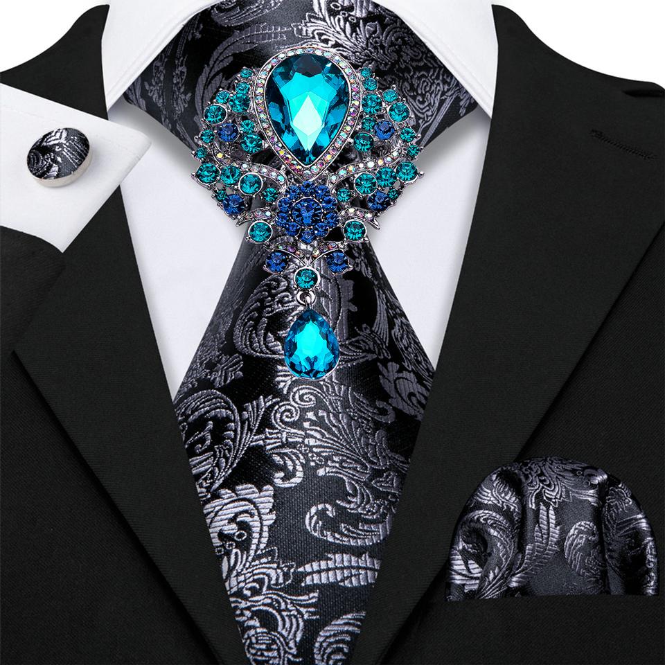 Mens Fashion Black Tie with Brooch Formal Silk Necktie Hanky Cufflink Set