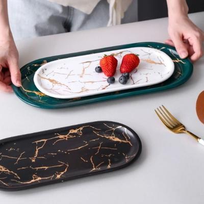 Marble Texture Nordic Marble Tray Porcelain Material Glazed Golden Pattern Ceramic Oval Plate Oval Shape Luxury Design
