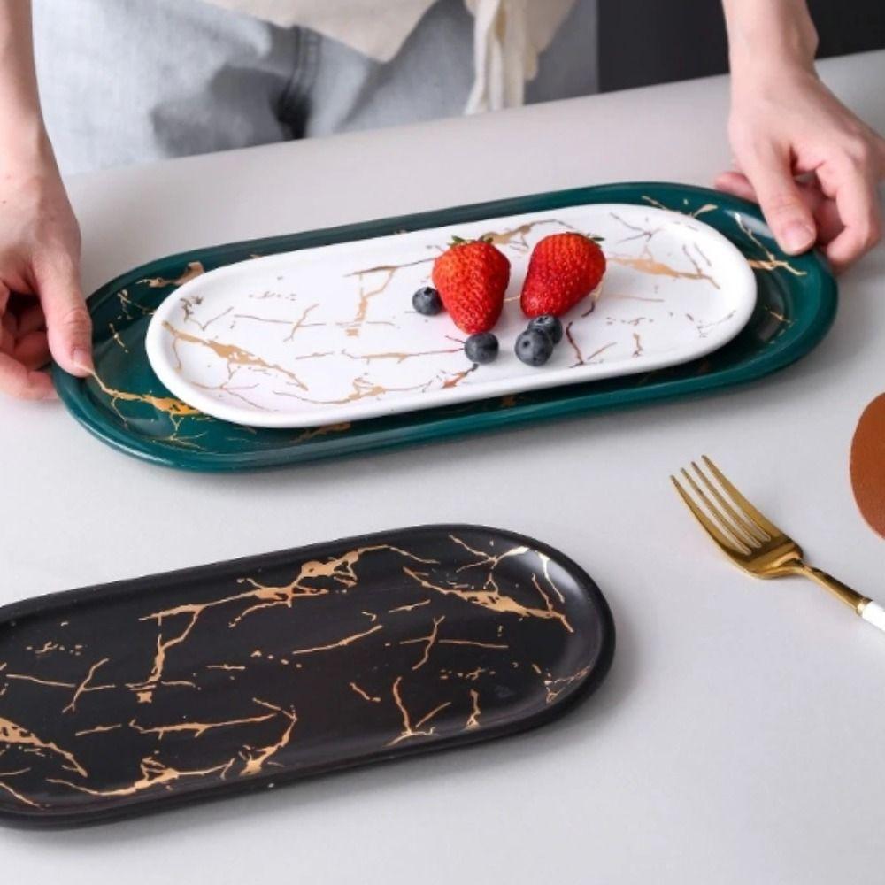 Marble Texture Nordic Marble Tray Porcelain Material Glazed Golden Pattern Ceramic Oval Plate Oval Shape Luxury Design
