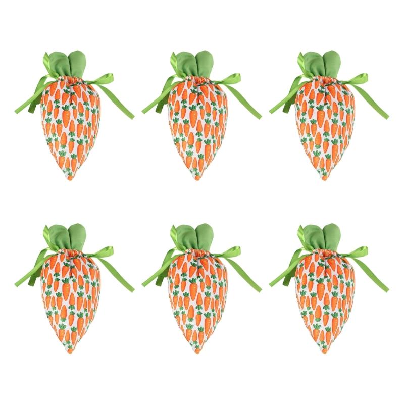 6Pcs Easter Carrot Shape Fabric Candy Bag Drawstring Gift Bag Candy Cookie Chocolate Holder Bag for Easter Birthday