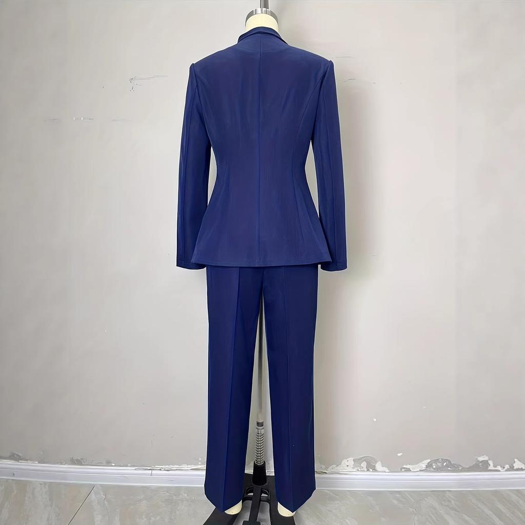 European, American autumn and winter fashion high-end blue fashion diagonal placket design women's blazer simple straight trousers suit