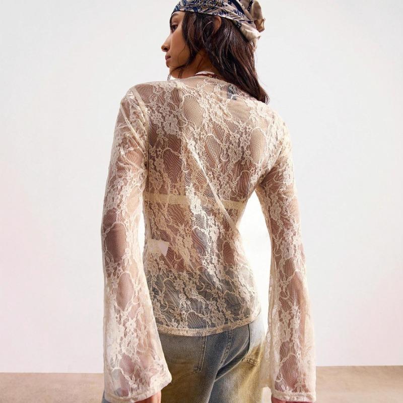 2025 New Autumn Lace Shirt Slim Fit Niche Design Commuting Slightly See-through Top for Women