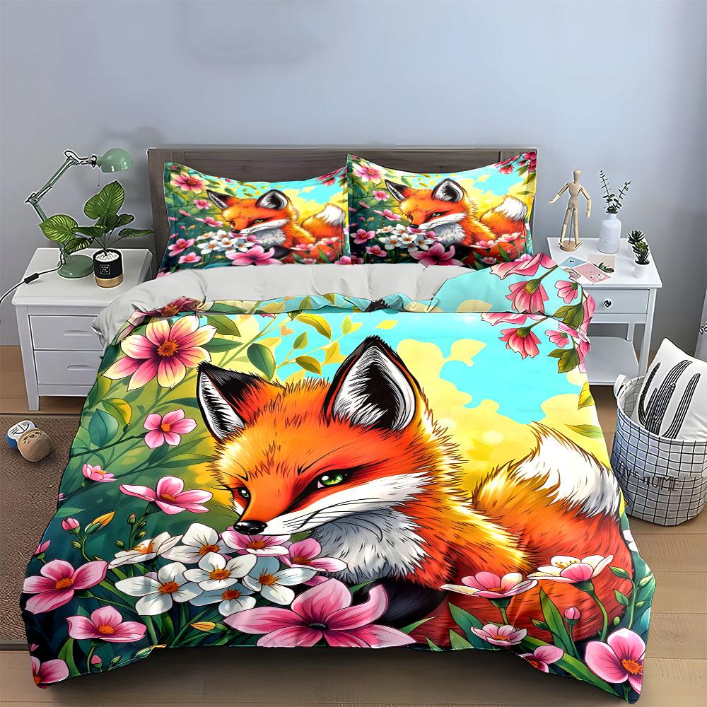 Fox Floral Art Home Decor Soft Comfortable Duvet Cover Bedding Set Included 1*Duvet Cover & 2*Pillowcases, Gift