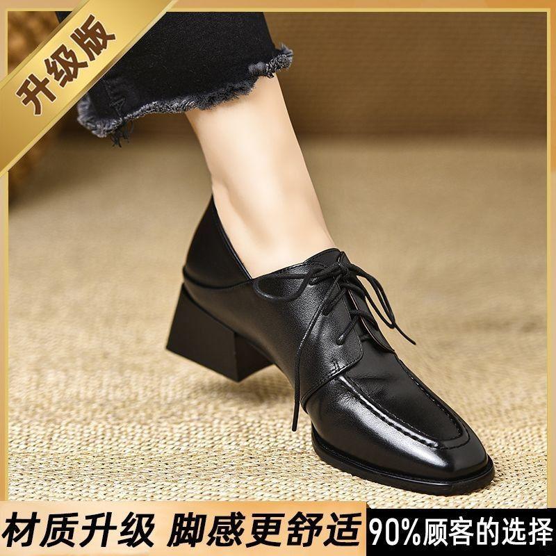 4.5εκ καφέ κορδωτά βαθιά μποτάκια γυναικεία τοπ γαλλικό ρετρό, μαλακό δέρμα τετράγωνη μύτη χοντρό τακούνι ψηλοτάκουνα