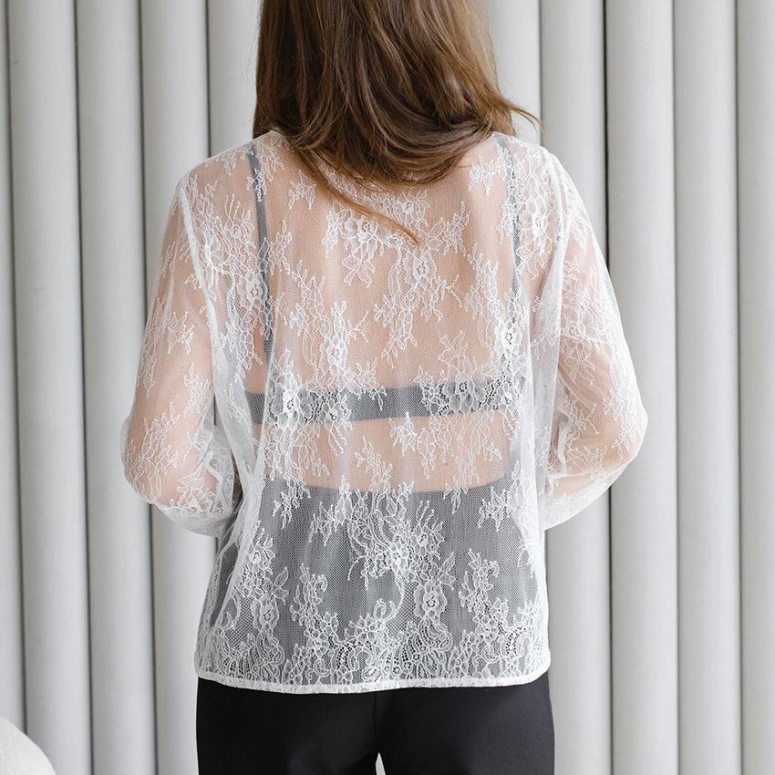 Women's Spring and Summer Sexy See-through Loose Lace Long-sleeved Hollow Inner T-shirt