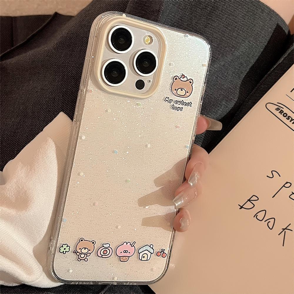Bear Head Stand Apple 16 Mobile Phone Case 13 Glitter Powder Iphone14pro Max Suitable for 15 Soft Cute Cute