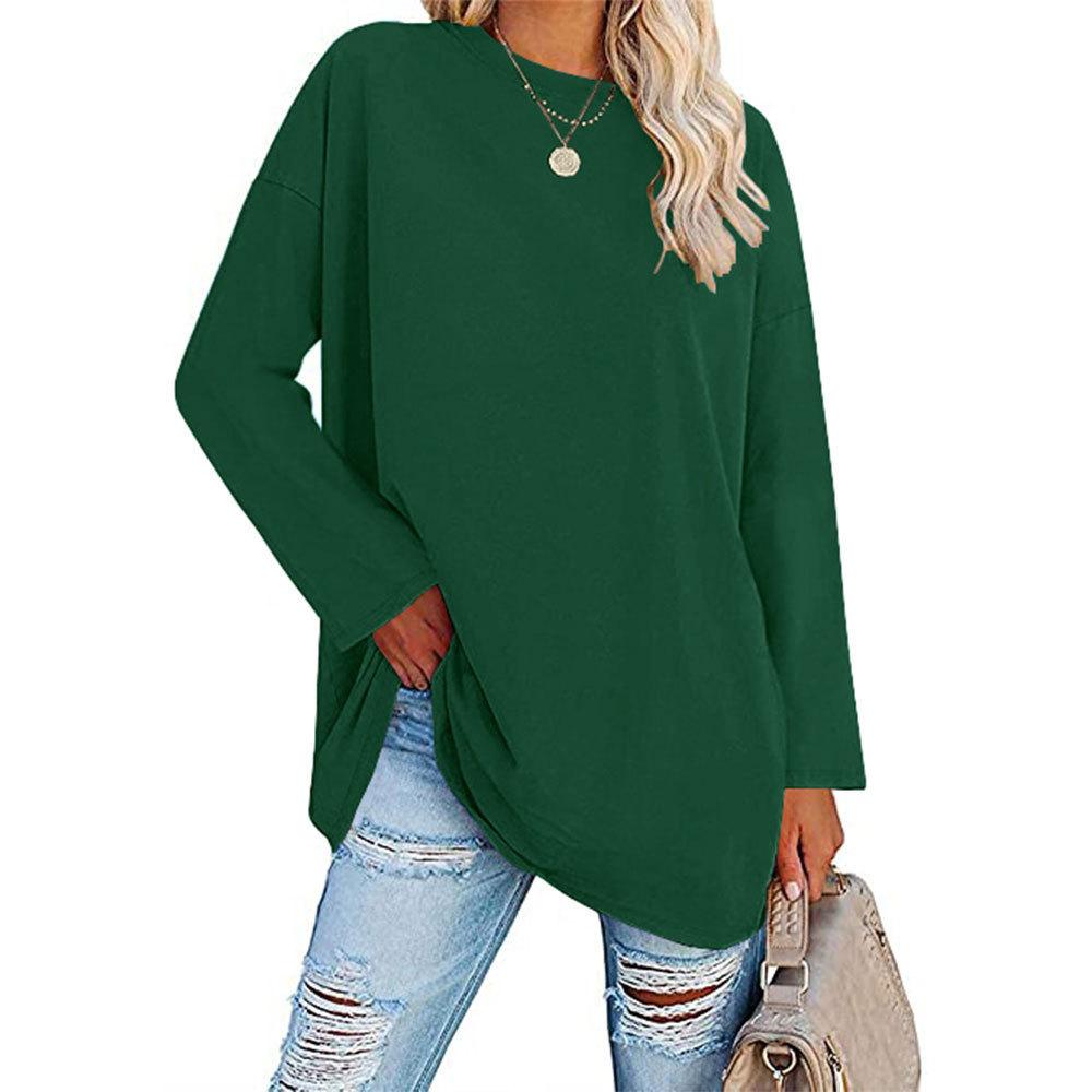 T-shirt Taglia Grande Monocolore, Top Casual a Maniche Lunghe Girocollo Primavera e Autunno, Abbigliamento Taglia Grande da Donna