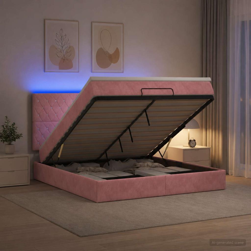 Ottoman Bed with Mattress and LED Pink 140 x 190 cm Velvet