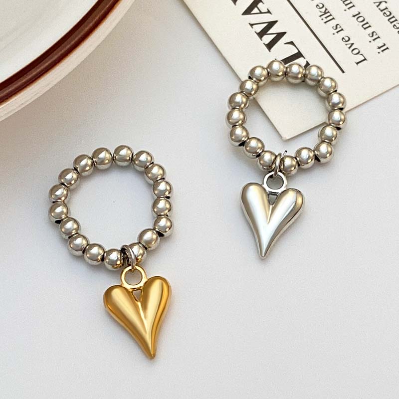 Mode Kreativ Metall Liebe Herz Anhänger Ringe für Frauen Punk Gold Farbe CCB Runde Perle Elastisch Verstellbar Ring Schmuck