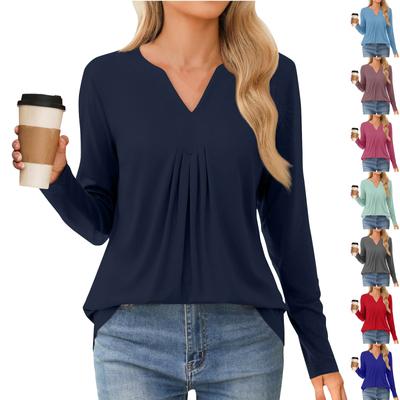 Women's Fashion Casual Long Sleeve Shirt Solid Color V Neck Up Tops