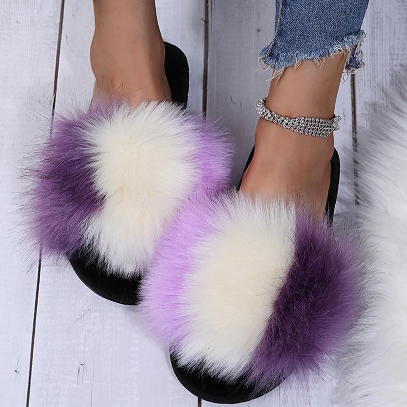 Fashion Fashion Mix Color Fluffy Fur Slippers for Women Winter Warm Cozy Indoor House Shoes Woman Open Toe Non Slip Plush Floor Slippers