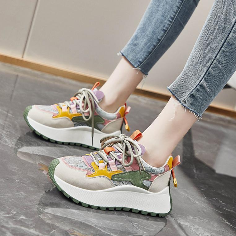 Spring Breathable Mesh Chunky Sneakers for Women Low Lace-Up Casual Sports Shoes Outdoor Comfortable Female Trainers